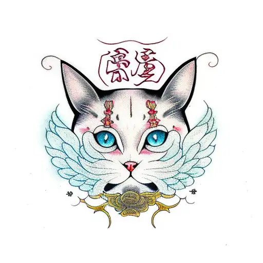 sakura cat heart angel tattoo design idea