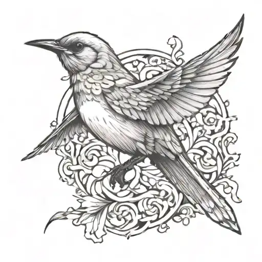 Nightingale flying left black and white drawing no border  tattoo design idea