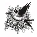 Nightingale flying left black and white drawing no border  tattoo design idea