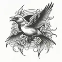 Nightingale flying left black and white drawing no border  tattoo design idea