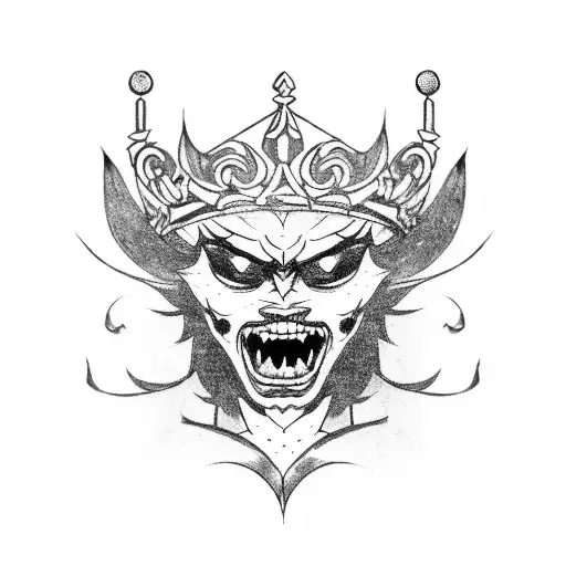 A fierce anime villain with a crown and a gun tattoo design idea