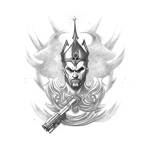 A mythological villain wielding a gun and wearing a crown, with cards scattered around tattoo design idea