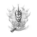 A mythological villain wielding a gun and wearing a crown, with cards scattered around tattoo design idea