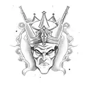 A mythological villain wielding a gun and wearing a crown, with cards scattered around tattoo design idea