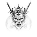 A mythological villain wielding a gun and wearing a crown, with cards scattered around tattoo design idea