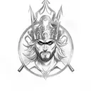 A mythological villain wielding a gun and wearing a crown, with cards scattered around tattoo design idea