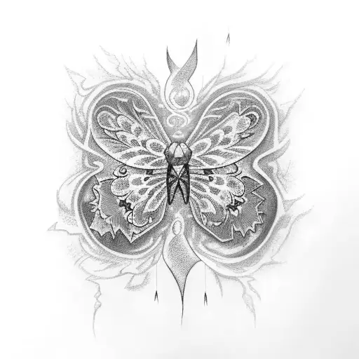 A small lightning bolt hidden within the ribs, surrounded by butterflies tattoo design idea