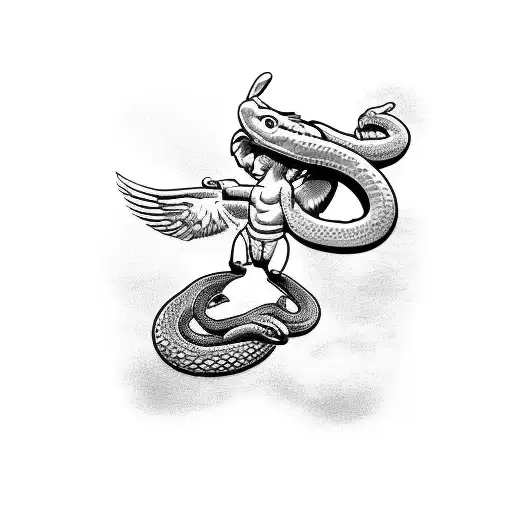 cupid fighting a snake tattoo design idea