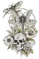 dragonfly with sugar skull surrounded by beach palm trees  tattoo design idea