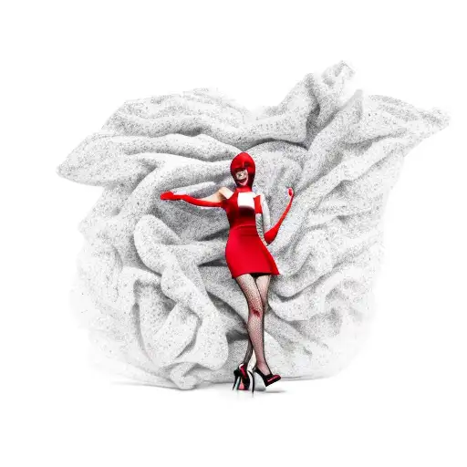  a sexy peanut wearing red dress and high heels, makeup and wig tattoo design idea