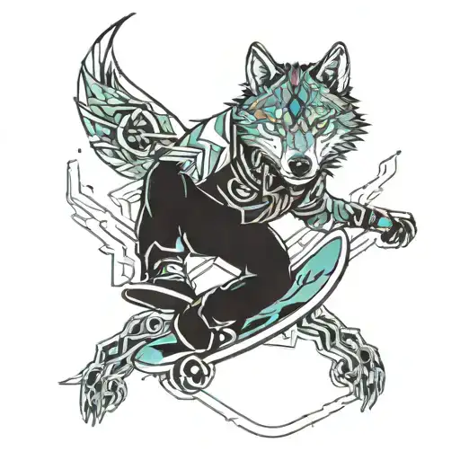 A snowboarder riding a majestic wolf down a mountain tattoo design idea