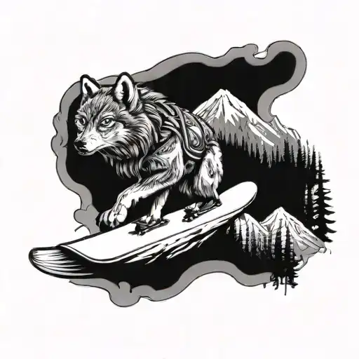 A snowboarder riding a majestic wolf down a mountain tattoo design idea