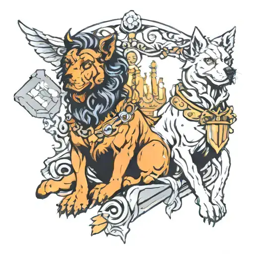 cerberus and lady justice tattoo design idea