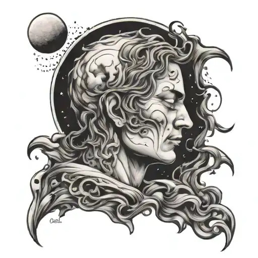 the intricate details of the moon intertwined with a profile of a sleeping man. The same sentence repeated several times tattoo design idea