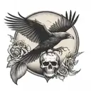 Flying Crow with skull and moon  tattoo design idea