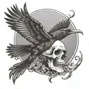 Flying Crow with skull and moon  tattoo design idea