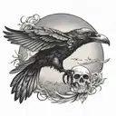 Flying Crow with skull and moon  tattoo design idea