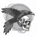 Flying Crow with skull and moon  tattoo design idea