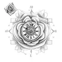 clock, rose, compass tattoo design idea