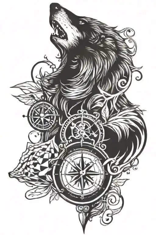 wolf and compass tattoo design idea