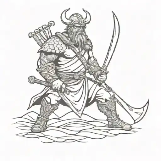Incorporate a fierce Viking warrior wielding a battle axe in a dynamic pose tattoo design idea