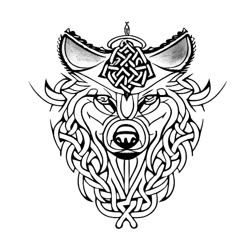 A minimalist design of a wolf head with viking runes forming the fur, symbolizing loyalty and intelligence. tattoo design idea