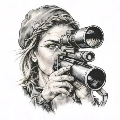 a close-up of a girl looking through a sniper's scope while smoking a cigarette  tattoo design idea