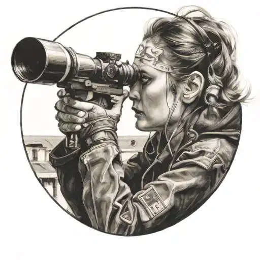 a close-up of a girl in profile looking through a sniper's scope while smoking a cigarette  tattoo design idea