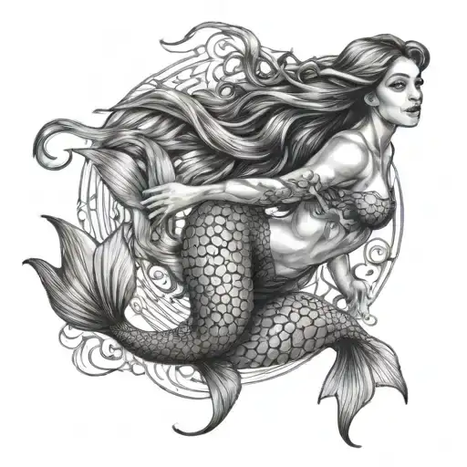 complex realistic mermaid in the lagoon swimming and lying tattoo design idea