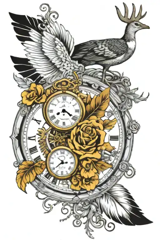 pocket watch turkey feather white tail deer outdoor scene golden trumpet train on railroad tracks geese flying poker  tattoo design idea