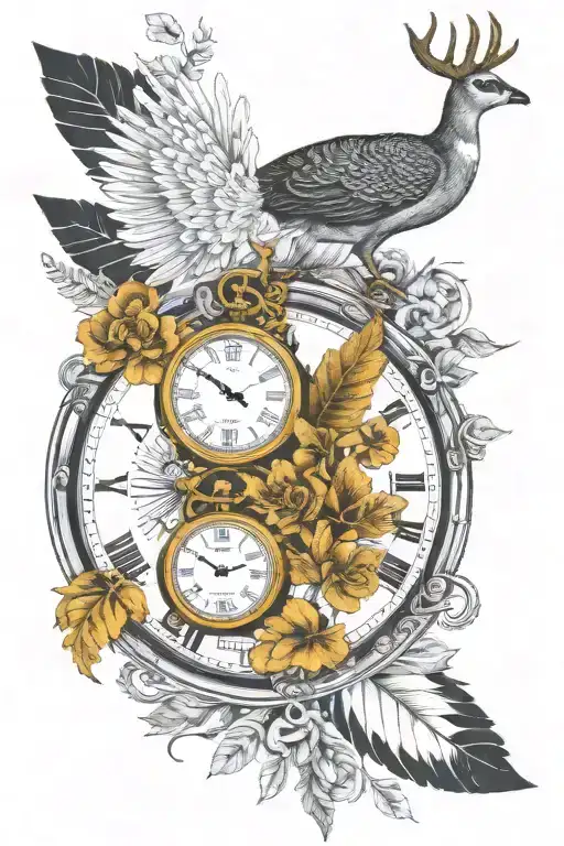 pocket watch turkey feather white tail deer outdoor scene golden trumpet train on railroad tracks geese flying poker  tattoo design idea