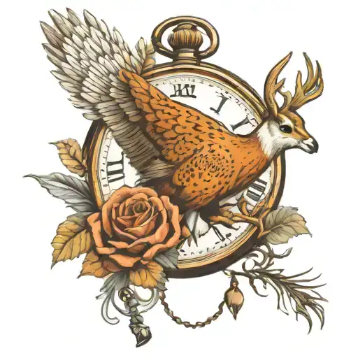 pocket watch, turkey feather, white tail deer, outdoor scene, golden trumpet, train on railroad tracks, geese flying tattoo design idea