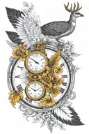 pocket watch turkey feather white tail deer outdoor scene golden trumpet train on railroad tracks geese flying poker  tattoo design idea