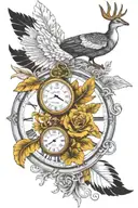 pocket watch turkey feather white tail deer outdoor scene golden trumpet train on railroad tracks geese flying poker  tattoo design idea