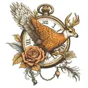 pocket watch, turkey feather, white tail deer, outdoor scene, golden trumpet, train on railroad tracks, geese flying tattoo design idea