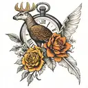 pocket watch, turkey feather, white tail deer, outdoor scene, golden trumpet, train on railroad tracks, geese flying tattoo design idea