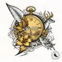 pocket watch, turkey feather, white tail deer, outdoor scene, golden trumpet, train on railroad tracks, geese flying tattoo design idea