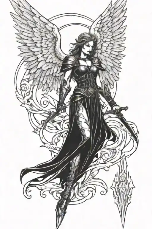 warrior angel with gothic cathedral tattoo design idea