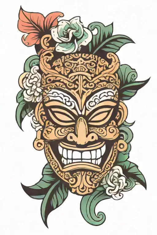 tiki mask surrounded by swirling tattoo design idea
