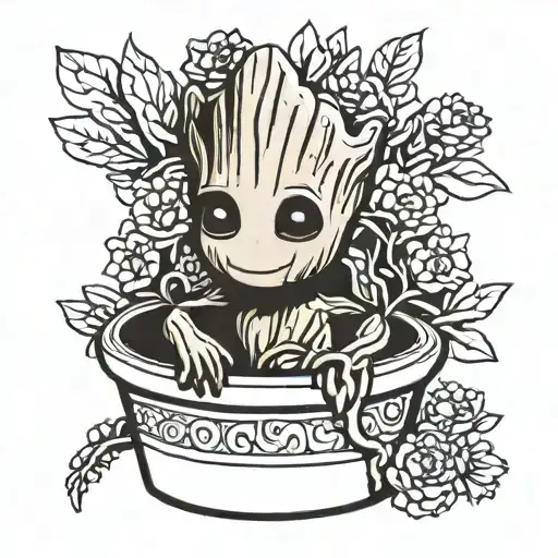 baby groot in a flower pot rainbow colors tattoo design idea