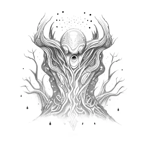 A mysterious alien creature in a magical dark forest tattoo design idea