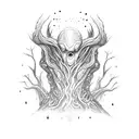 A mysterious alien creature in a magical dark forest tattoo design idea