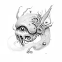 A mysterious alien creature in a magical dark forest tattoo design idea