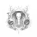 A mysterious alien creature in a magical dark forest tattoo design idea
