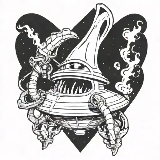 Alien smoking a bong in a spaceship tattoo design idea