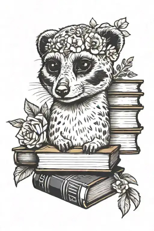 meerkat resting head on books with flowers arouns tattoo design idea