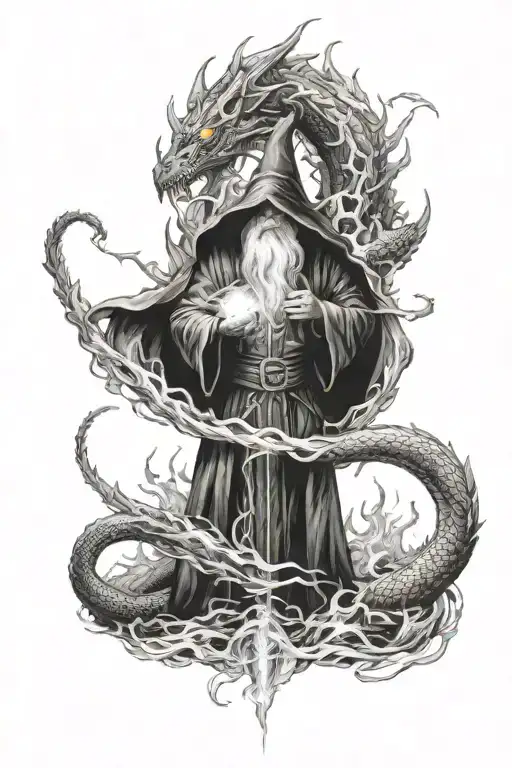Wizard shielding them from dragon breathing fire tattoo design idea