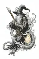 Wizard shielding them from dragon breathing fire tattoo design idea