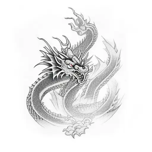 Fire dragon wrapped around a greyscale cn tower upper arm tattoo design idea