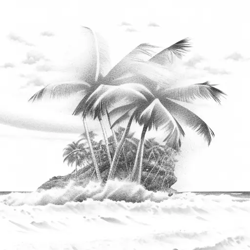 A beautiful coastal landscape of Iguape SP, the client's favorite place, with crashing waves and palm trees tattoo design idea